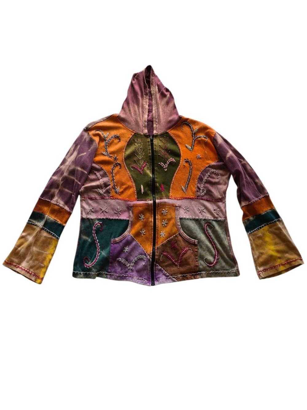 Made in Nepal Funky Unique Artsy Boho Patchwork Full Zip Hoodie Jacket Size XL - Picture 9 of 16